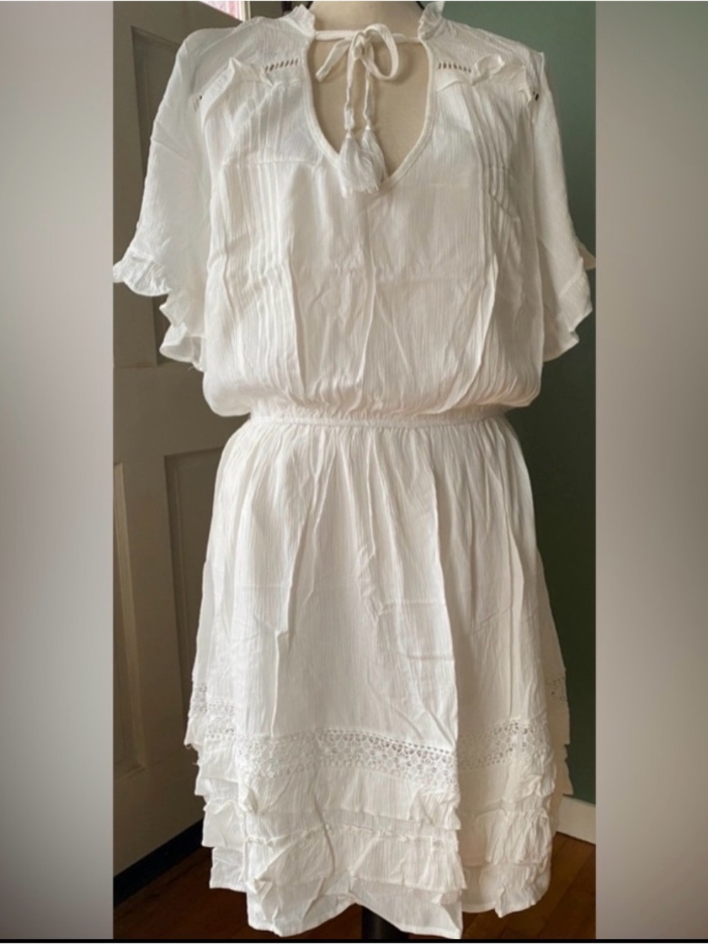 Starling Reine Ivory Boho Tiered Ruffle Dress with Tie Neck